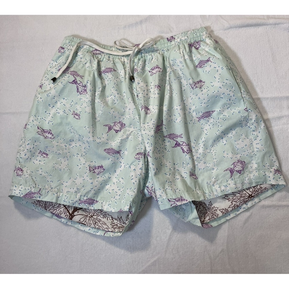 Coco Shop Mens Large Mint Fish Tropical Cotton Jams Shorts Resort Beach Gym Run